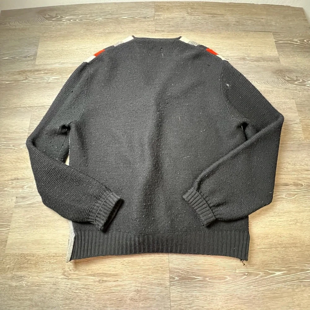 1960s Cardigan Sweater Men Large Black orange Striped Vintage VNeck Button Front